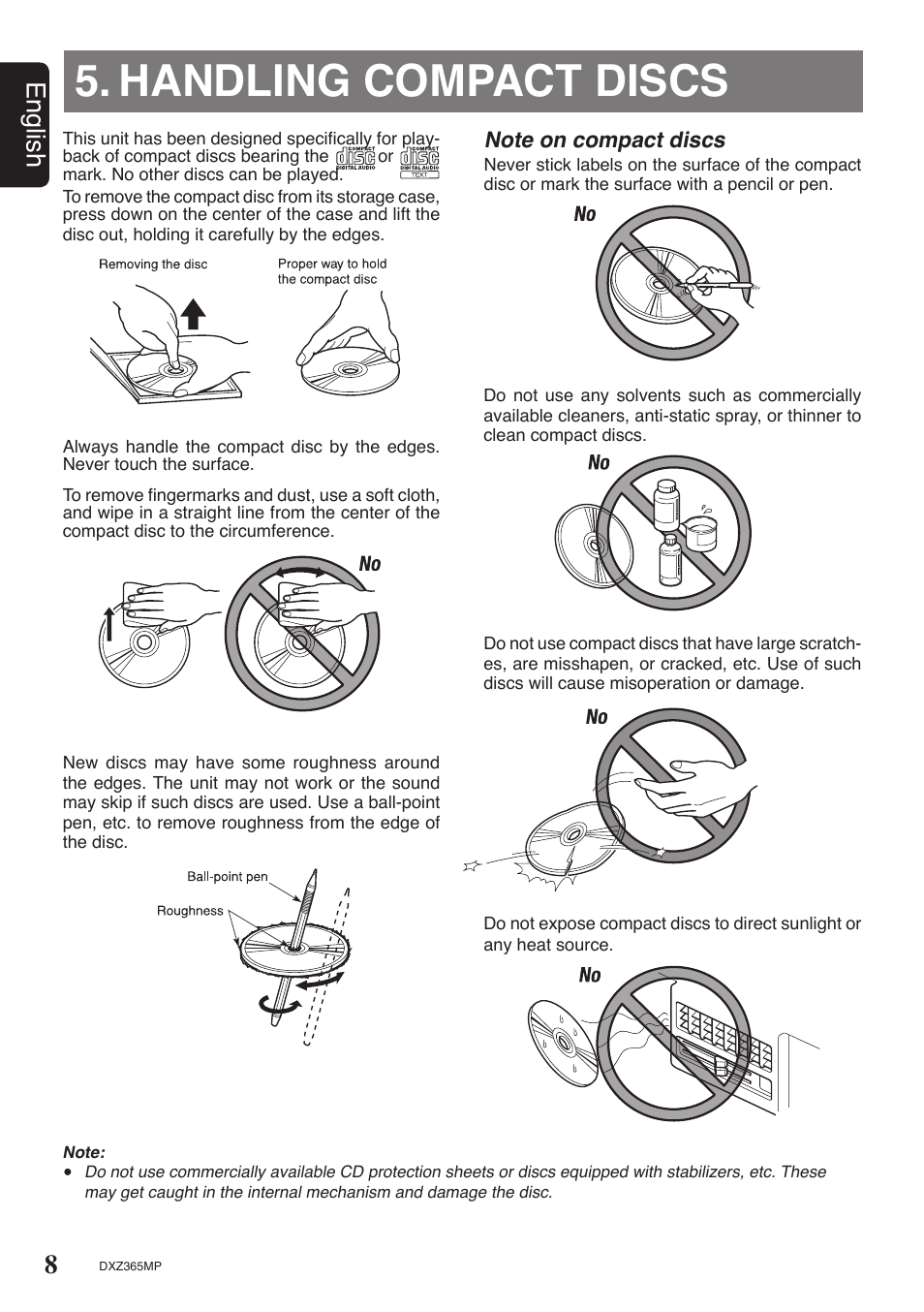 Handling compact discs, 8english | Clarion DXZ365MP User Manual | Page 8 / 30