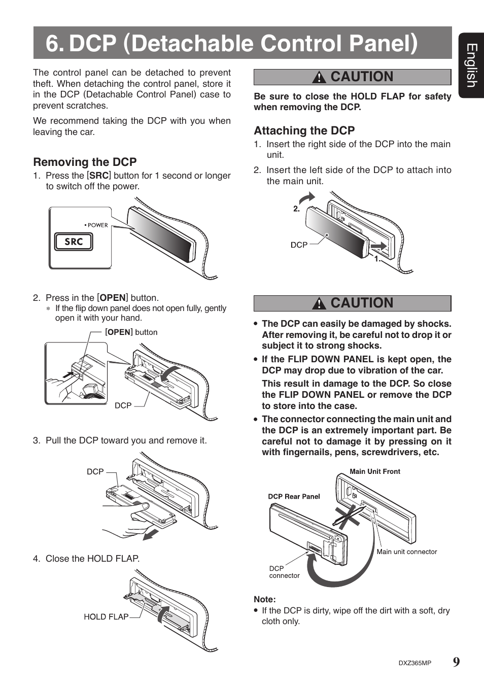 Dcp (detachable control panel), 9english, Caution | Clarion DXZ365MP User Manual | Page 9 / 30