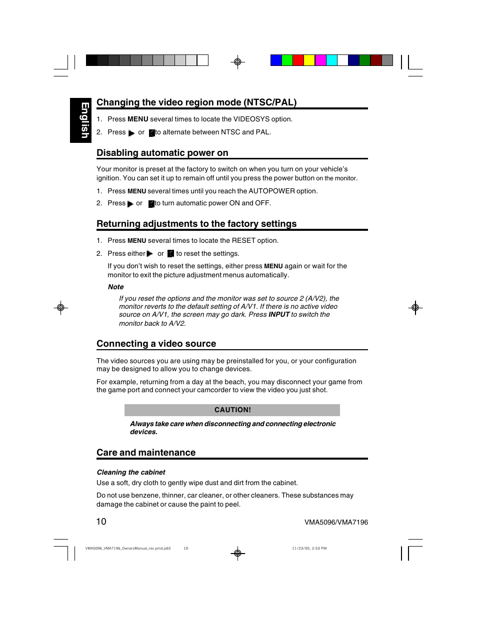 Eng li s h, Changing the video region mode (ntsc/pal), Disabling automatic power on | Returning adjustments to the factory settings, Connecting a video source, Care and maintenance | Clarion VMA7196 User Manual | Page 10 / 20