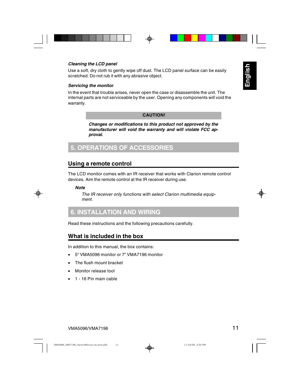 Eng li s h, Operations of accessories, Installation and wiring | Clarion VMA7196 User Manual | Page 11 / 20
