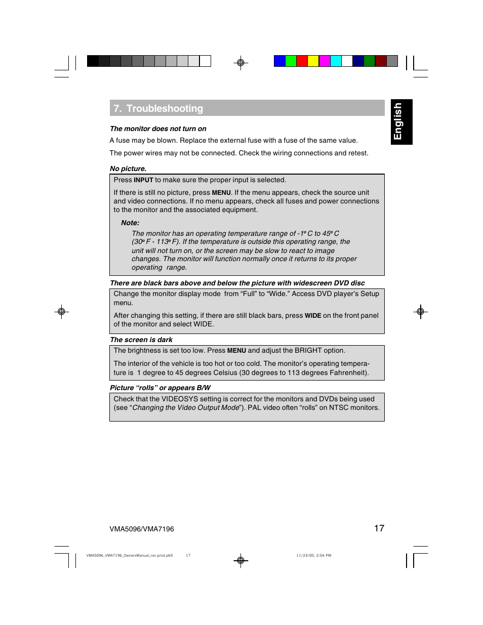 Eng li s h, Troubleshooting | Clarion VMA7196 User Manual | Page 17 / 20