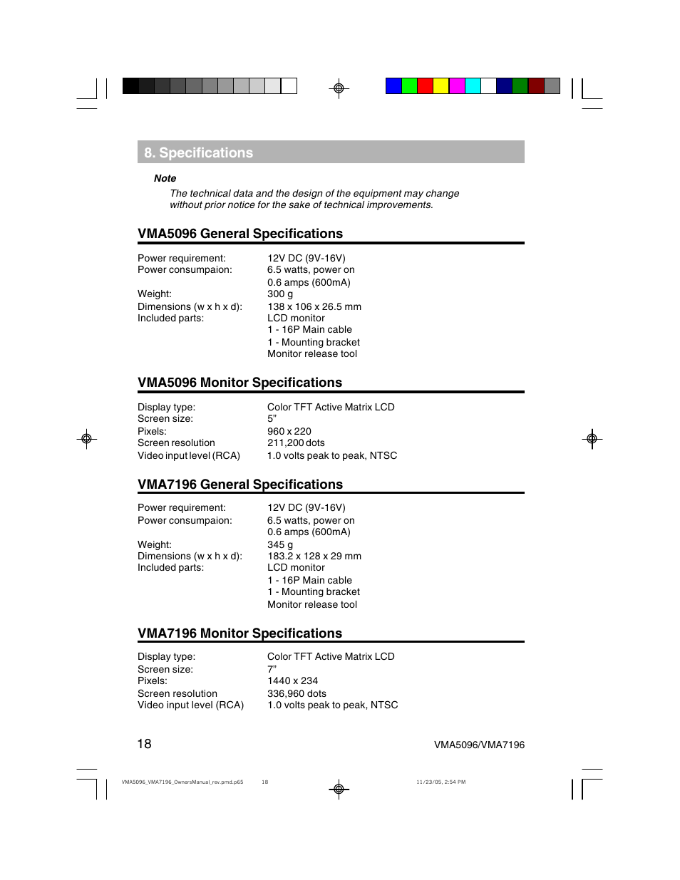 Specifications, Vma5096 general specifications, Vma5096 monitor specifications | Vma7196 general specifications, Vma7196 monitor specifications | Clarion VMA7196 User Manual | Page 18 / 20