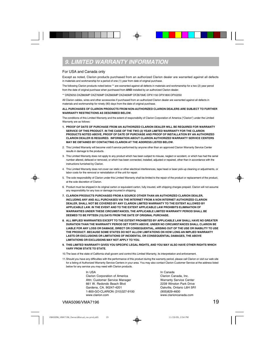 Limited warranty information | Clarion VMA7196 User Manual | Page 19 / 20