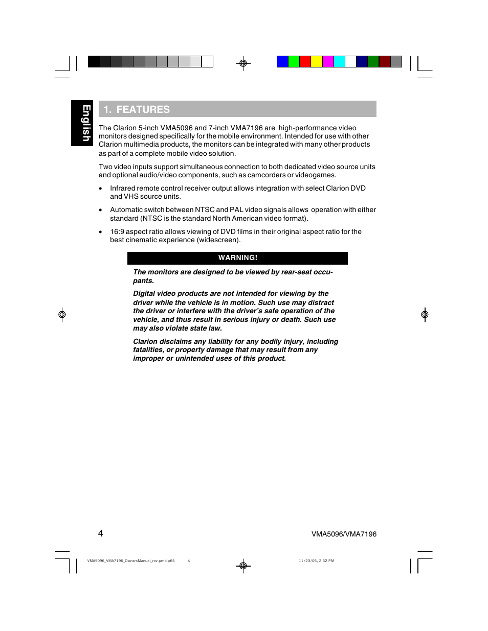 Eng li s h, Features | Clarion VMA7196 User Manual | Page 4 / 20