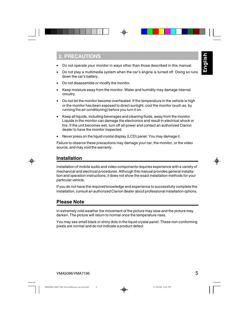 Eng li s h, Precautions | Clarion VMA7196 User Manual | Page 5 / 20