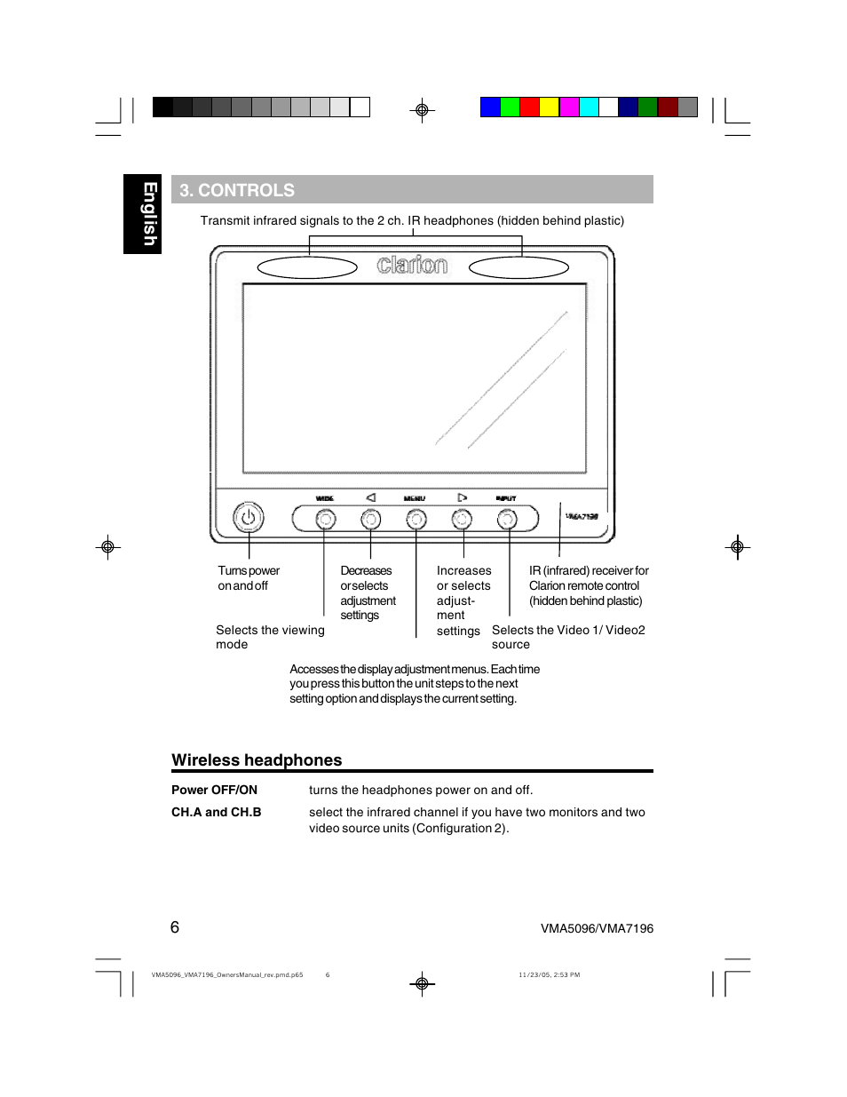 Eng li s h, Controls | Clarion VMA7196 User Manual | Page 6 / 20