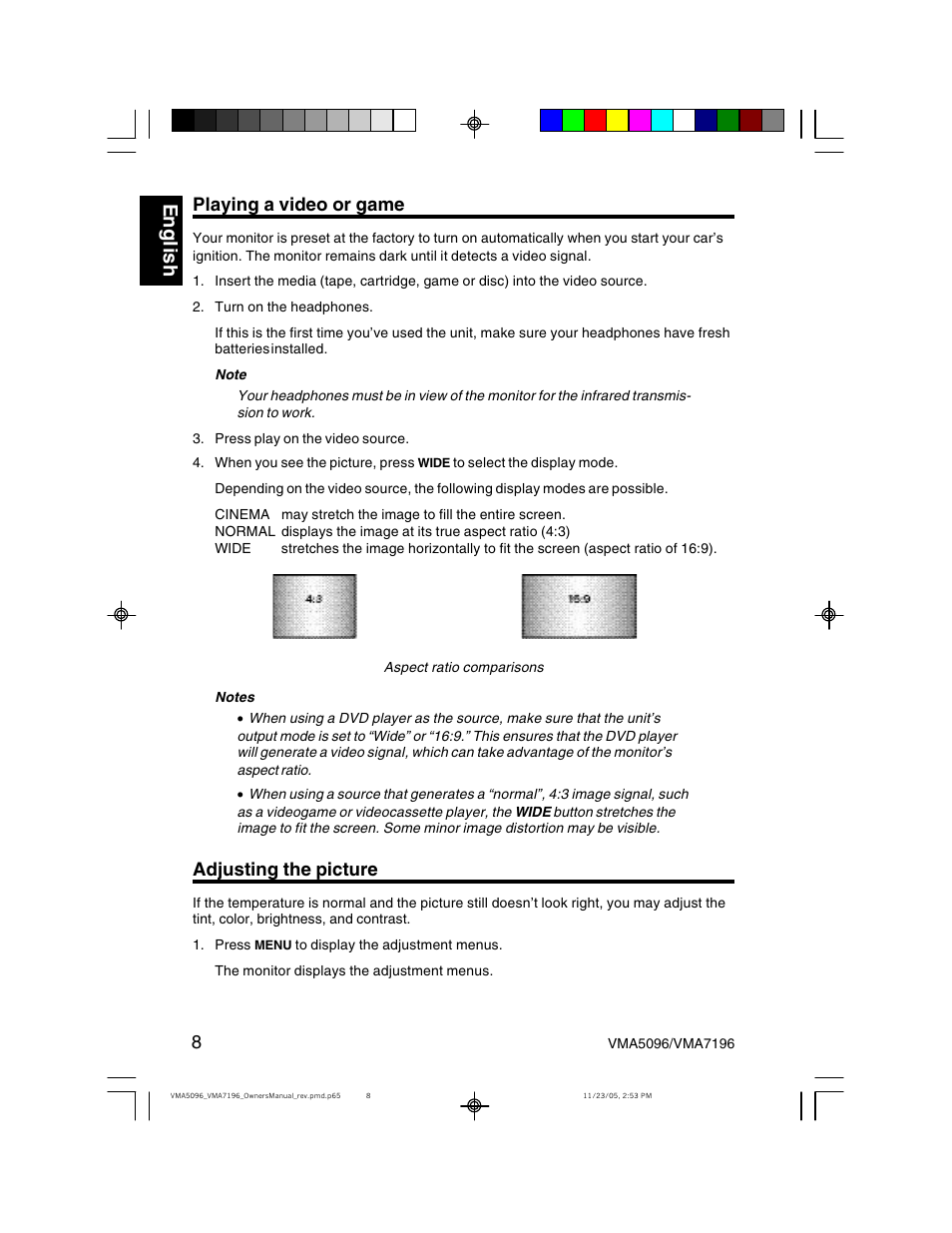 Eng li s h, Playing a video or game, Adjusting the picture | Clarion VMA7196 User Manual | Page 8 / 20