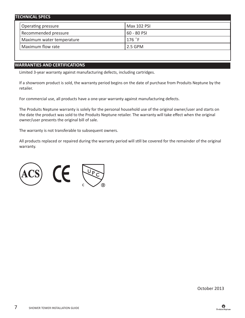 Produits Neptune SHOWER TOWER User Manual | Page 7 / 7