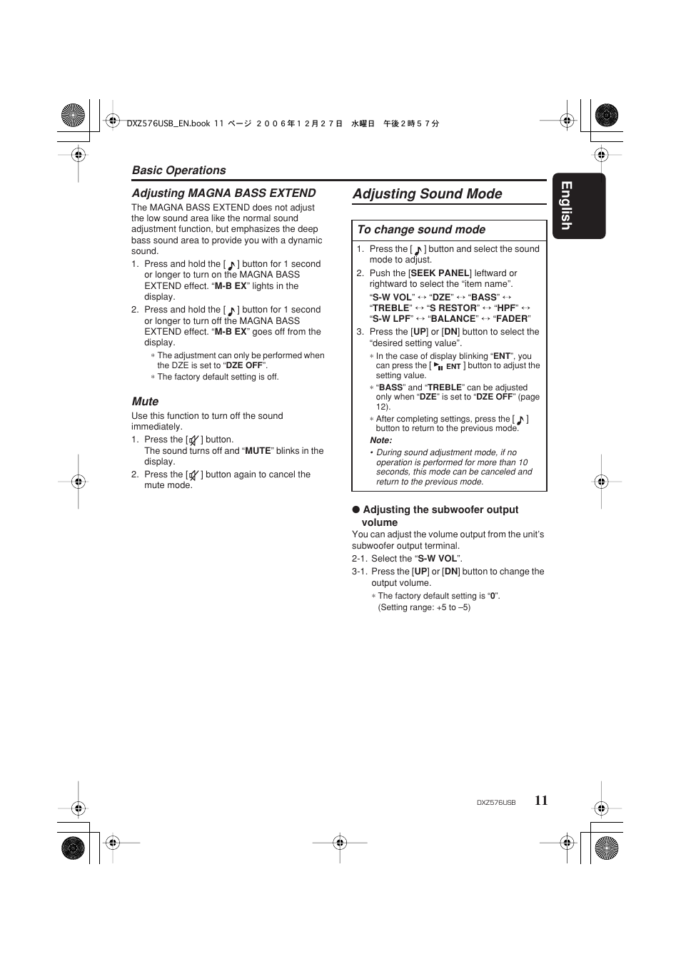 Adjusting sound mode, English 11, Basic operations | Adjusting magna bass extend, Mute | Clarion DXZ576USB User Manual | Page 13 / 38