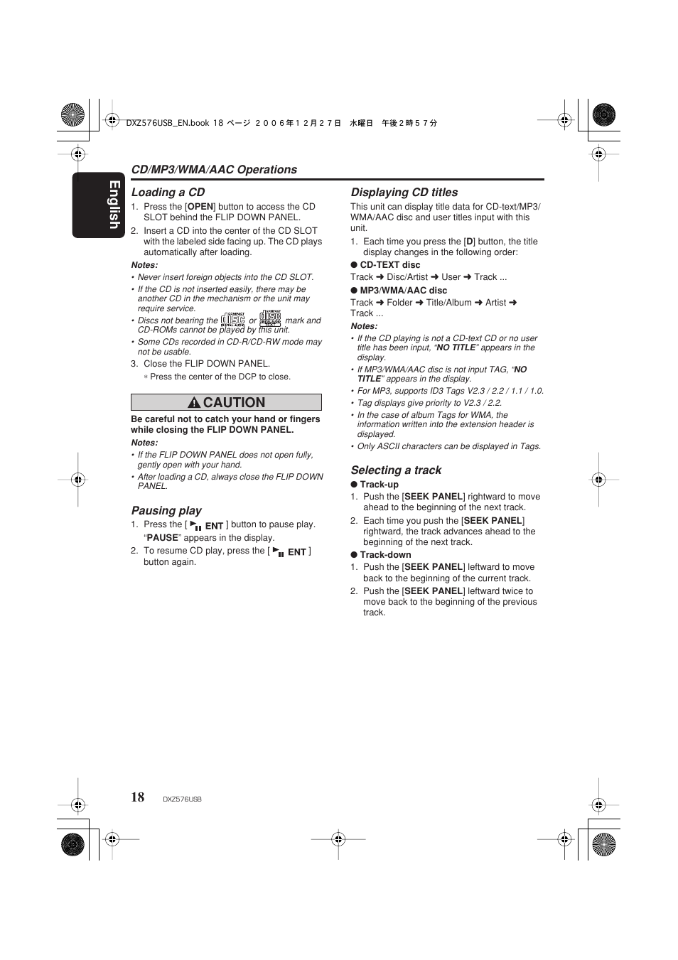 English 18, Caution, Cd/mp3/wma/aac operations | Loading a cd, Pausing play, Displaying cd titles, Selecting a track | Clarion DXZ576USB User Manual | Page 20 / 38