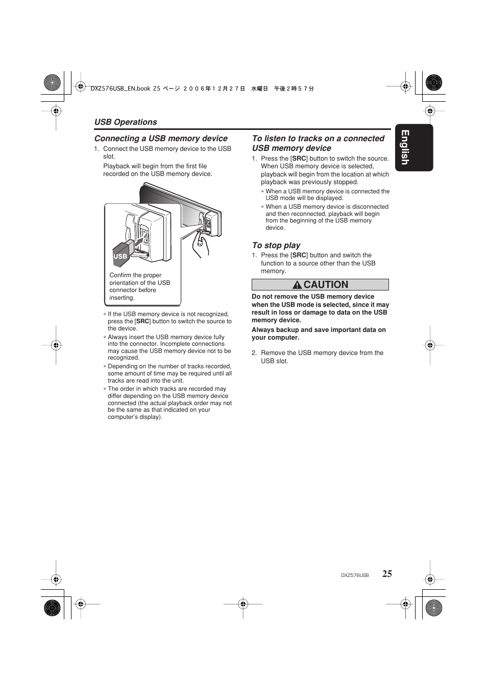 English 25, Caution | Clarion DXZ576USB User Manual | Page 27 / 38