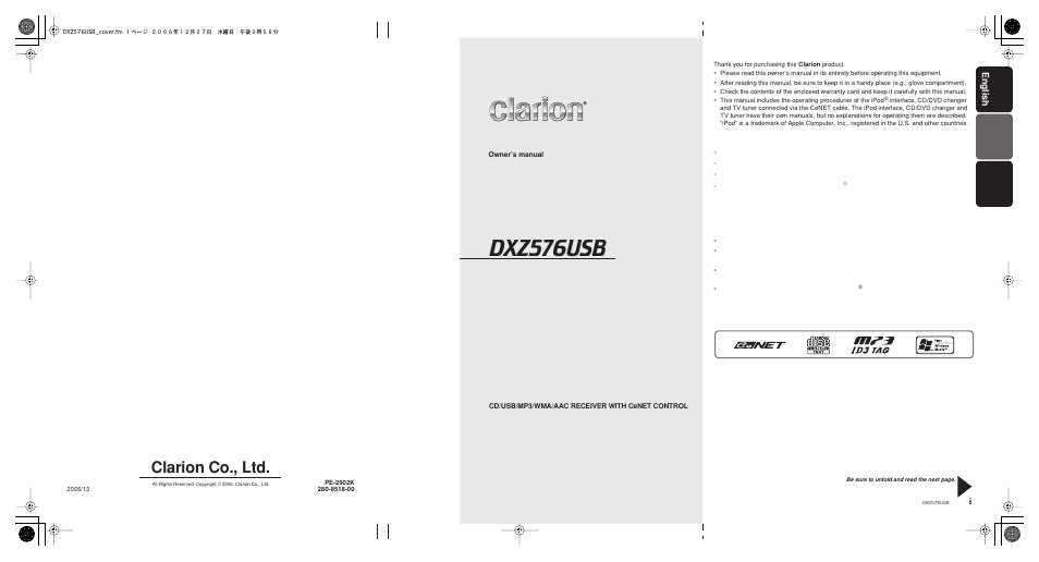 Dxz576usb, Clarion co., ltd, English i | Clarion DXZ576USB User Manual | Page 38 / 38