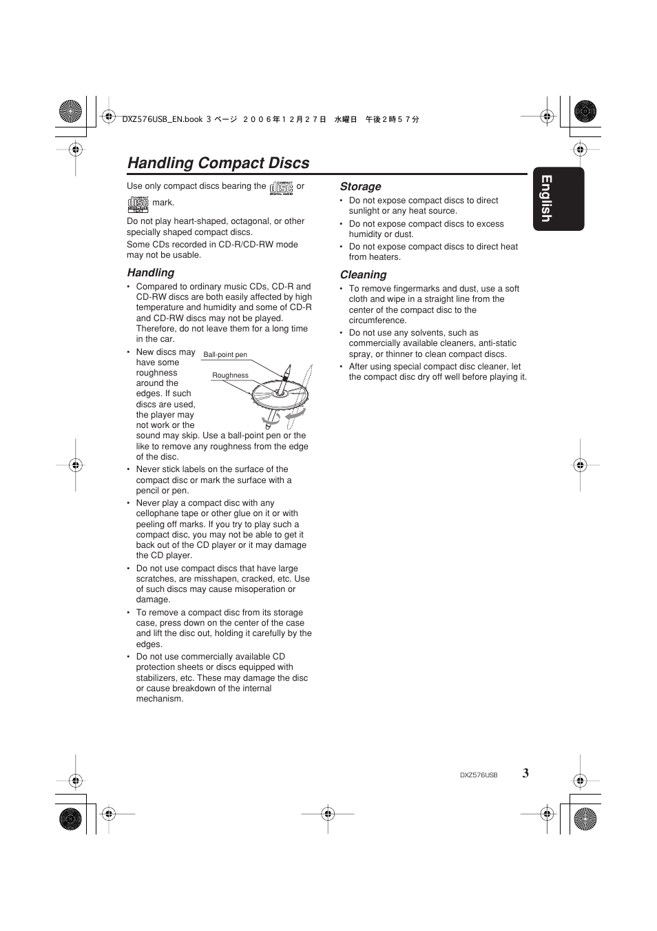 Handling compact discs, English 3 | Clarion DXZ576USB User Manual | Page 5 / 38