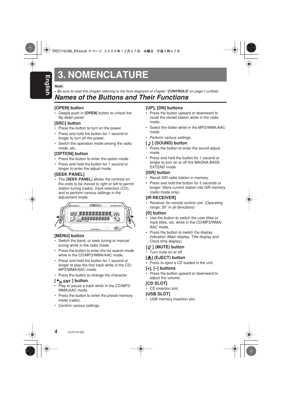 Nomenclature, Names of the buttons and their functions, English 4 | Clarion DXZ576USB User Manual | Page 6 / 38