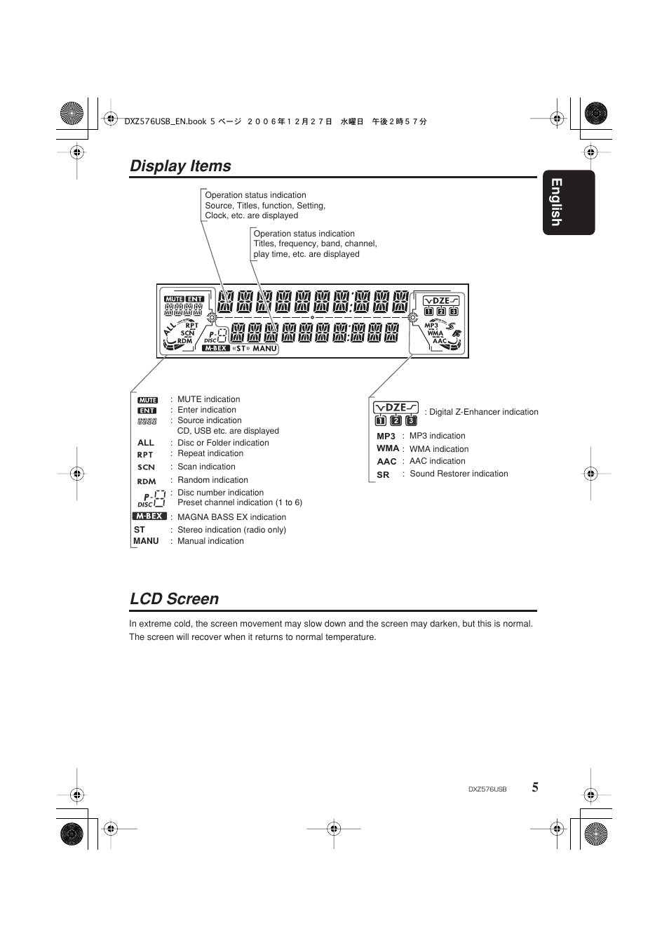 Display items, Lcd screen, Display items lcd screen | English 5 | Clarion DXZ576USB User Manual | Page 7 / 38