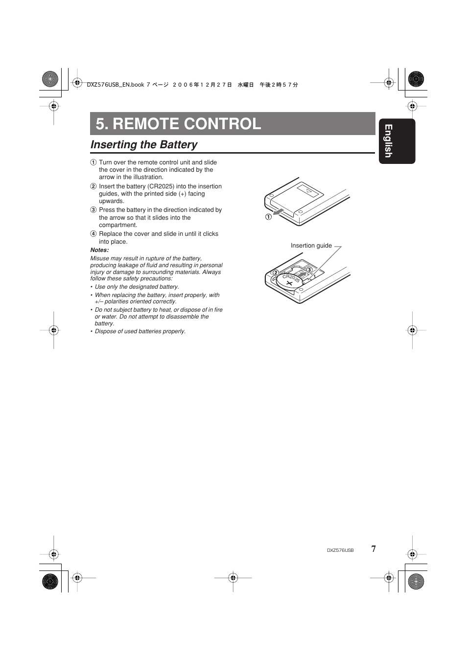 Remote control, Inserting the battery, English 7 | Clarion DXZ576USB User Manual | Page 9 / 38