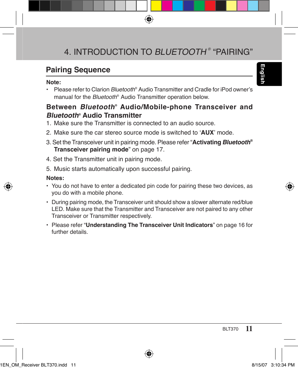 Introduction to bluetooth, Pairing, Pairing sequence | Between bluetooth, Audio/mobile-phone transceiver and bluetooth, Audio transmitter | Clarion BLT370 User Manual | Page 11 / 32