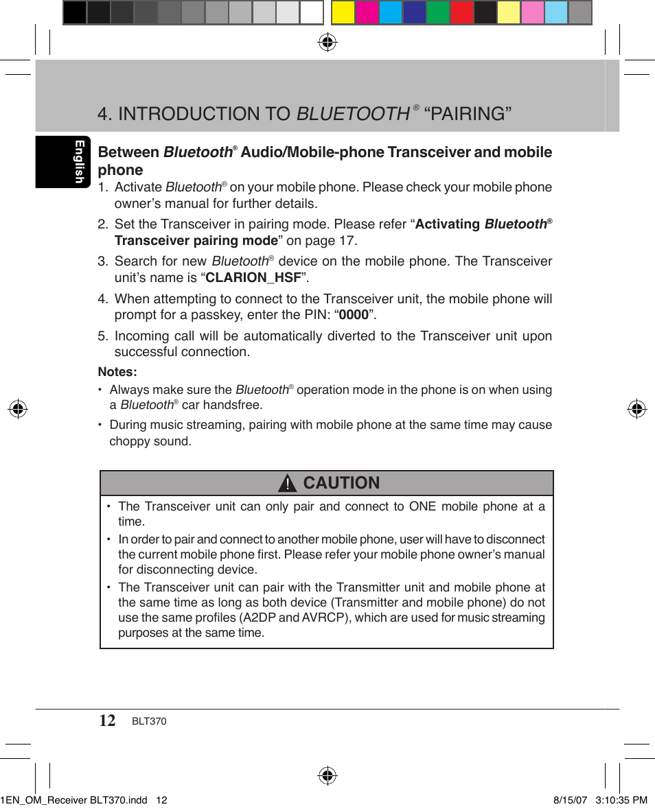 Introduction to bluetooth, Pairing, Caution | Between bluetooth, Audio/mobile-phone transceiver and mobile phone | Clarion BLT370 User Manual | Page 12 / 32