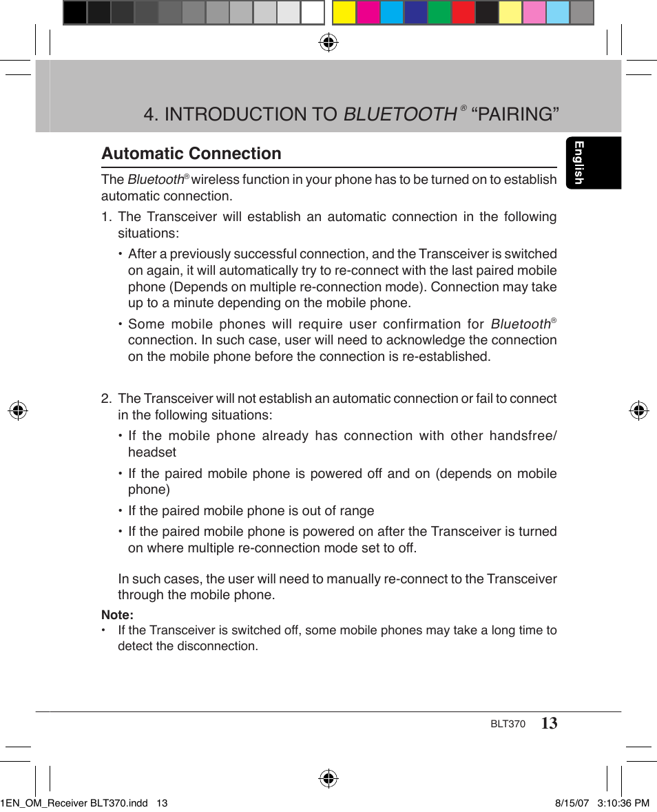 Introduction to bluetooth, Pairing, Automatic connection | Clarion BLT370 User Manual | Page 13 / 32