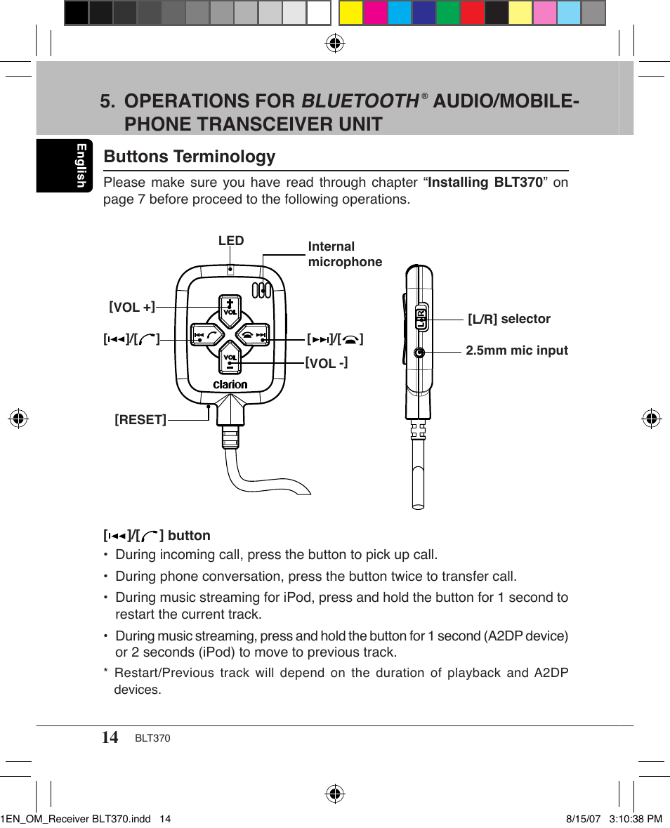 Operations for bluetooth, Audio/mobile- phone transceiver unit, Buttons terminology | Clarion BLT370 User Manual | Page 14 / 32