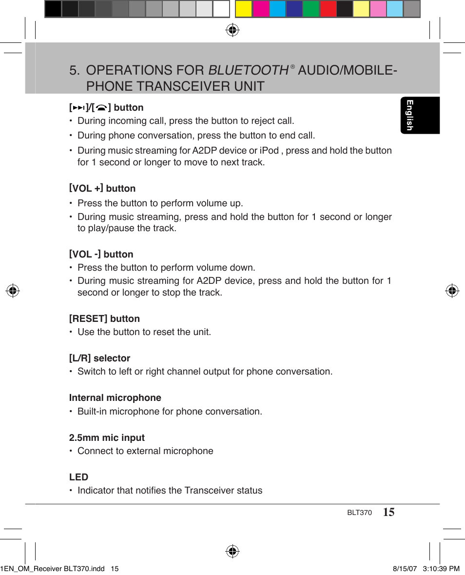 Operations for bluetooth, Audio/mobile- phone transceiver unit | Clarion BLT370 User Manual | Page 15 / 32