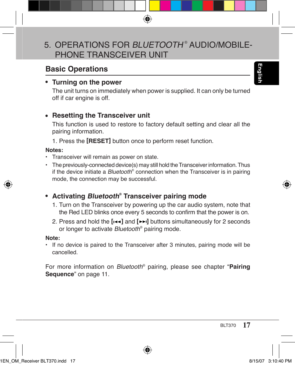 Operations for bluetooth, Audio/mobile- phone transceiver unit, Basic operations | Clarion BLT370 User Manual | Page 17 / 32