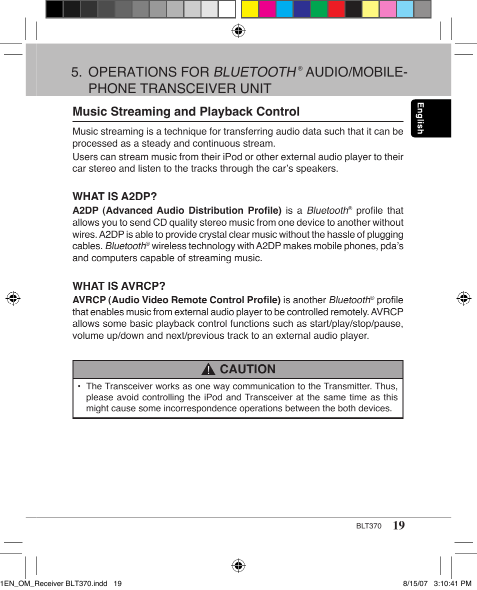 Operations for bluetooth, Audio/mobile- phone transceiver unit, Music streaming and playback control | Caution | Clarion BLT370 User Manual | Page 19 / 32