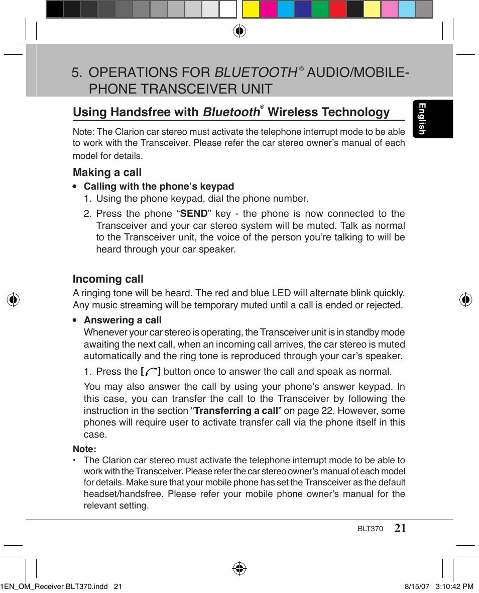 Operations for bluetooth, Audio/mobile- phone transceiver unit, Using handsfree with bluetooth | Wireless technology | Clarion BLT370 User Manual | Page 21 / 32