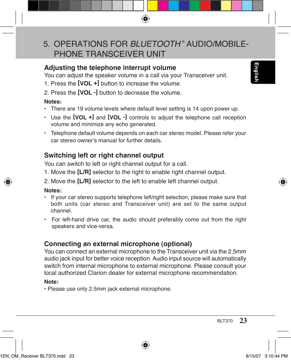 Operations for bluetooth, Audio/mobile- phone transceiver unit | Clarion BLT370 User Manual | Page 23 / 32