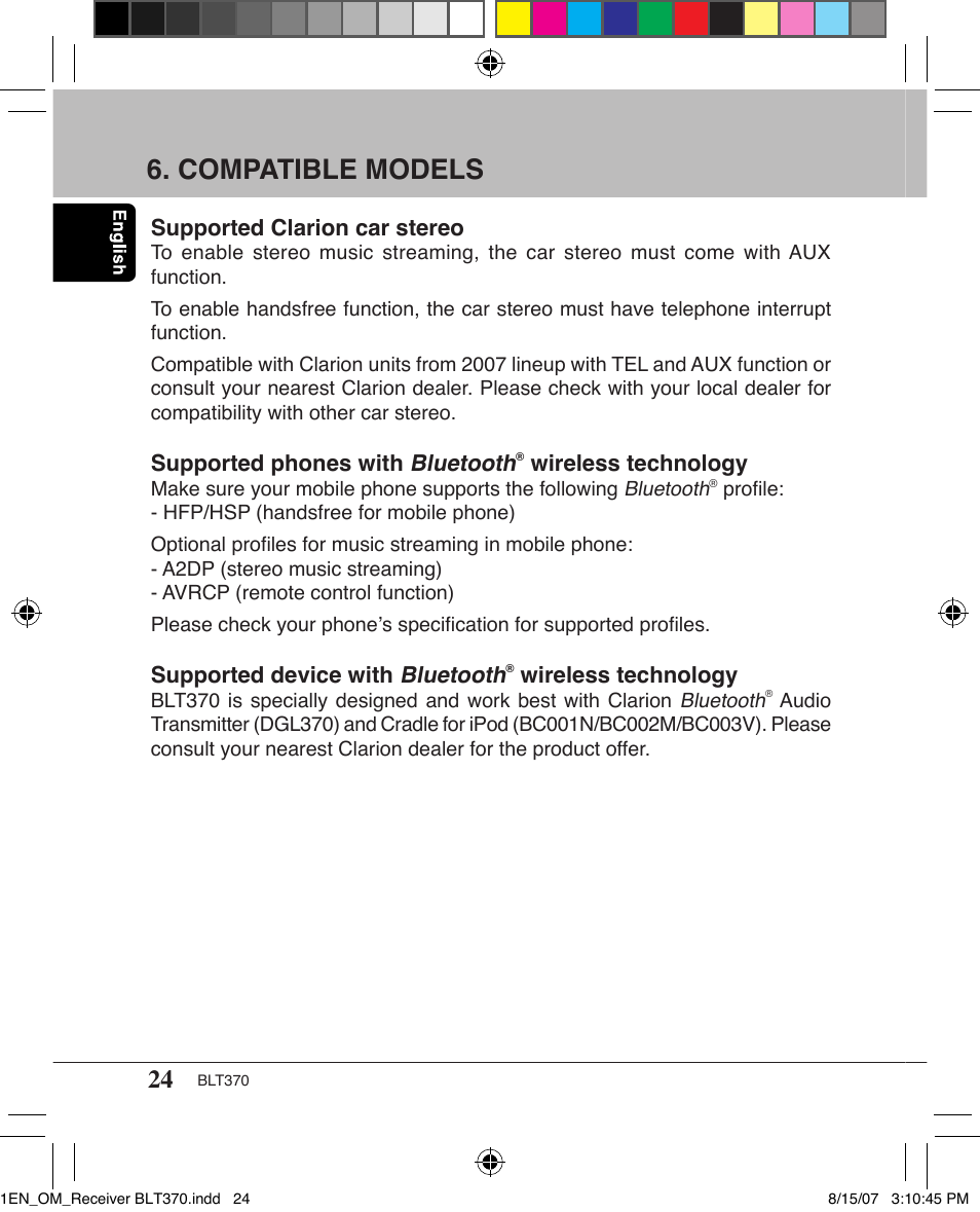 Compatible models, Supported clarion car stereo, Supported phones with bluetooth | Wireless technology, Supported device with bluetooth | Clarion BLT370 User Manual | Page 24 / 32