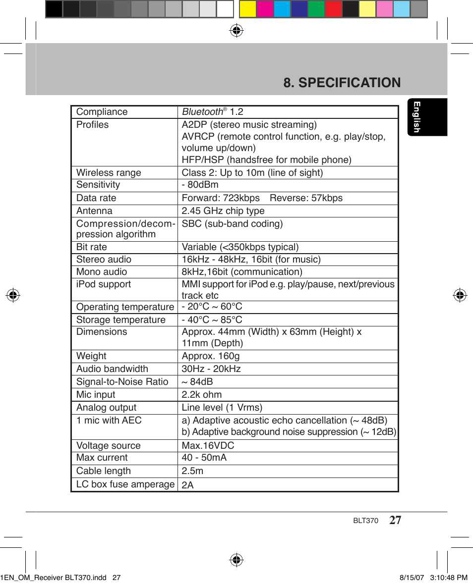 Specification | Clarion BLT370 User Manual | Page 27 / 32