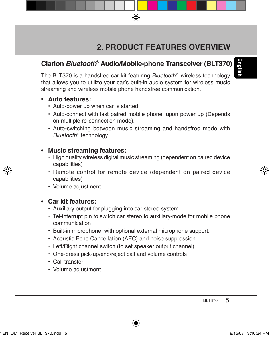 Product features overview, Clarion bluetooth, Audio/mobile-phone transceiver (blt370) | Clarion BLT370 User Manual | Page 5 / 32