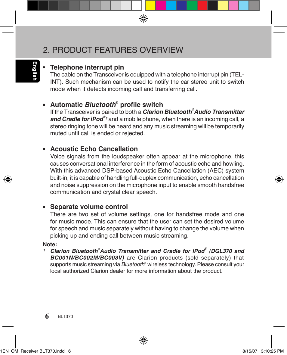 Product features overview | Clarion BLT370 User Manual | Page 6 / 32