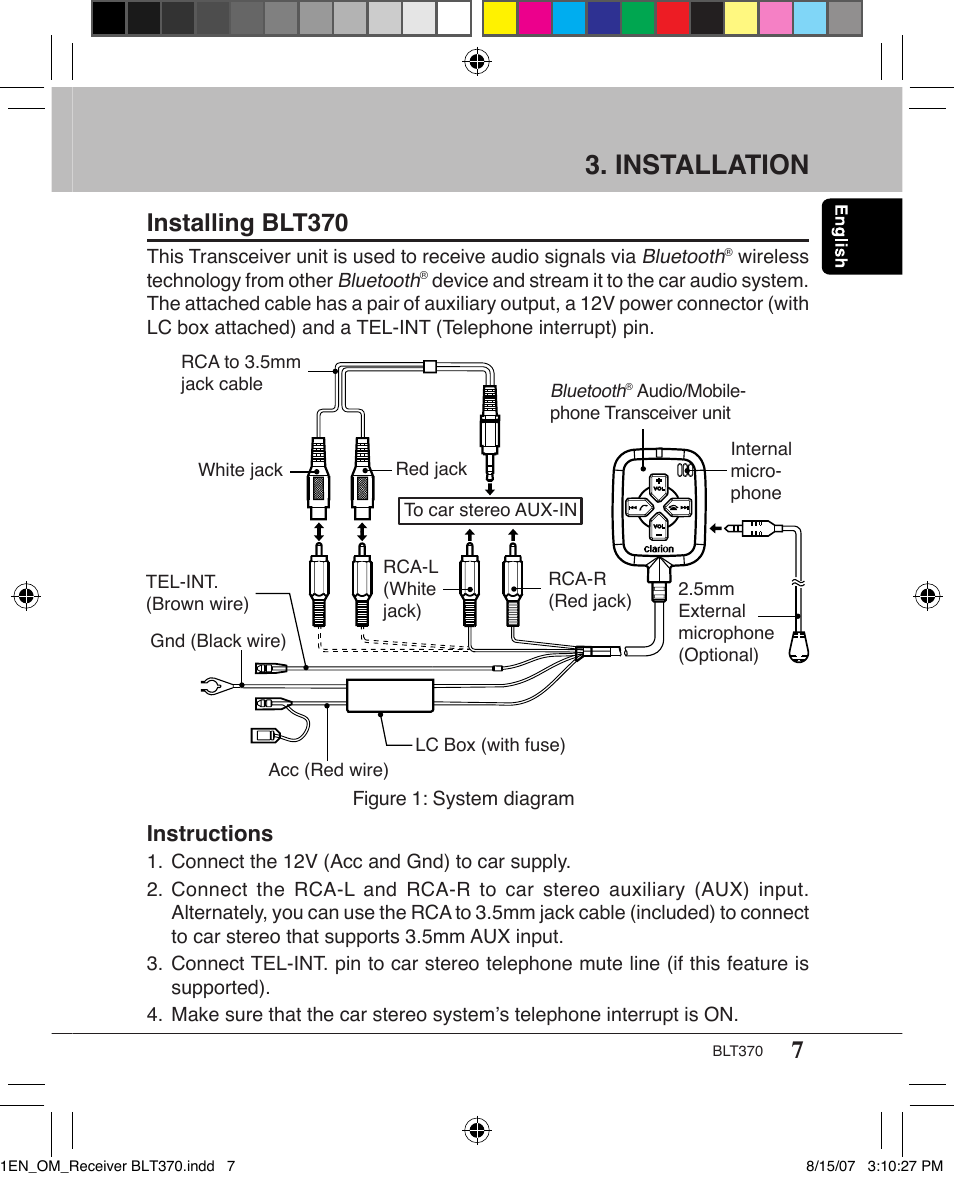 Installation, Installing blt370, Instructions | Clarion BLT370 User Manual | Page 7 / 32