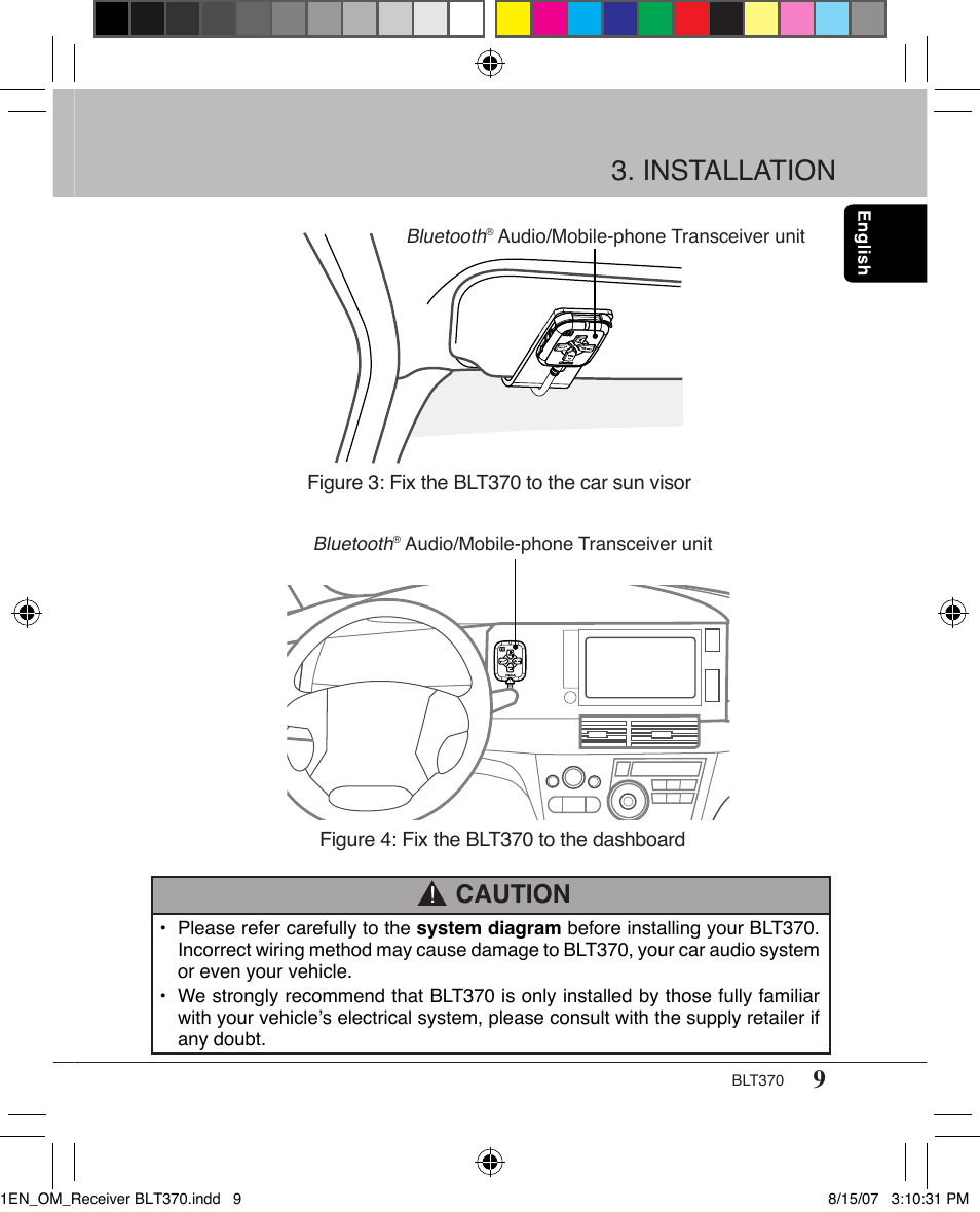 Installation, Caution | Clarion BLT370 User Manual | Page 9 / 32