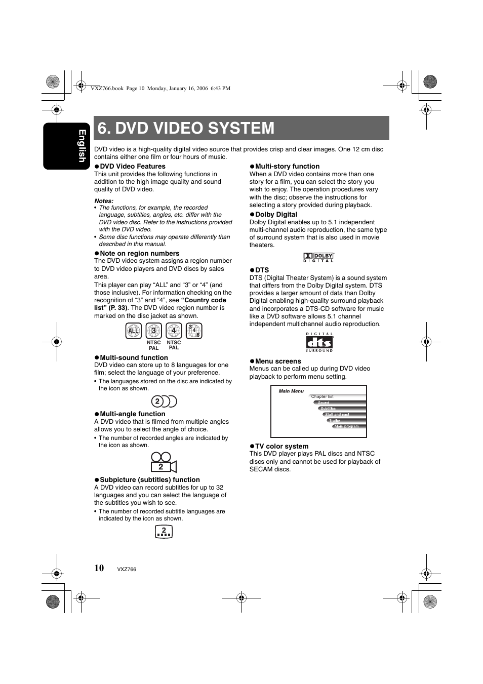 Dvd video system, English | Clarion VXZ766 User Manual | Page 10 / 51