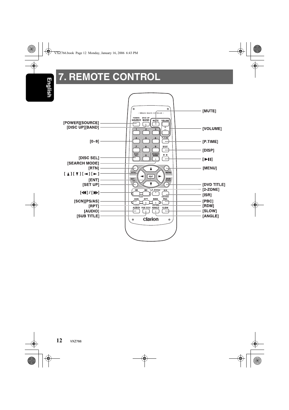Remote control | Clarion VXZ766 User Manual | Page 12 / 51