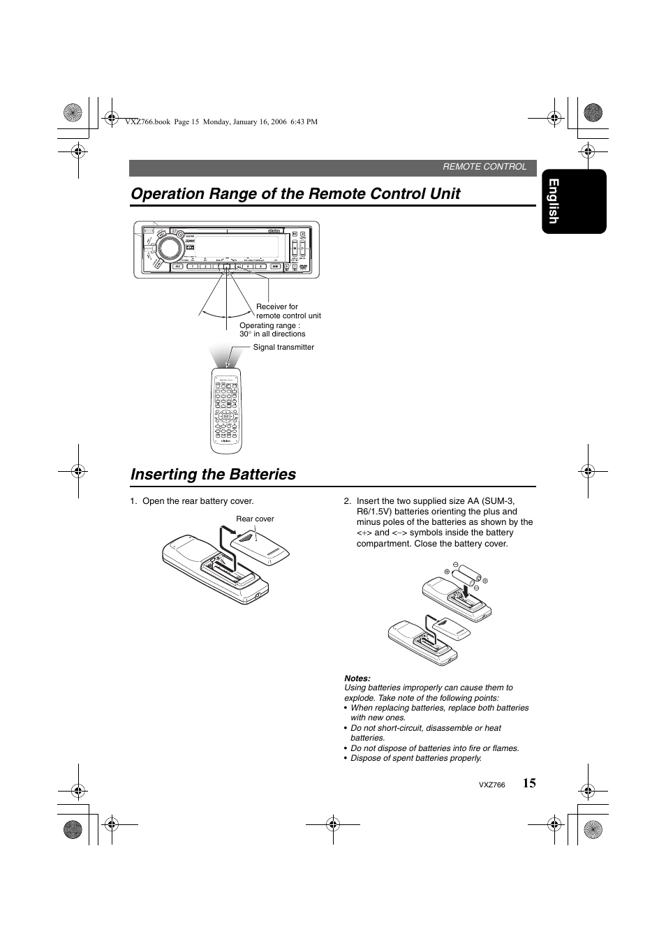 Operation range of the remote control unit, Inserting the batteries, English | Clarion VXZ766 User Manual | Page 15 / 51