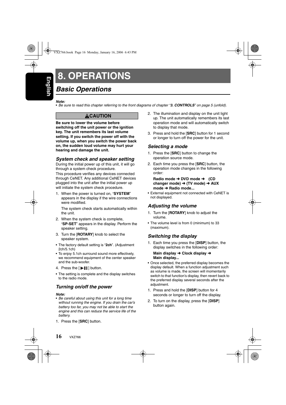 Operations, Basic operations, English | Clarion VXZ766 User Manual | Page 16 / 51