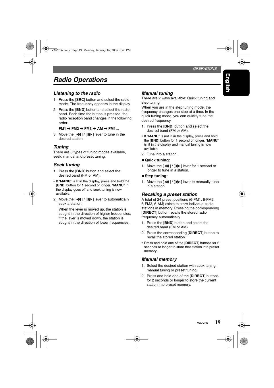 Radio operations, English | Clarion VXZ766 User Manual | Page 19 / 51