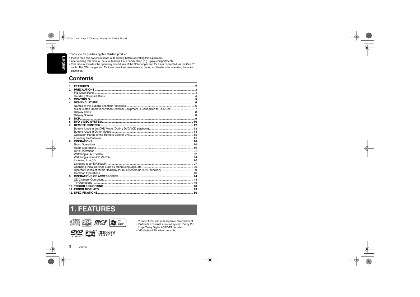 Clarion VXZ766 User Manual | Page 2 / 51