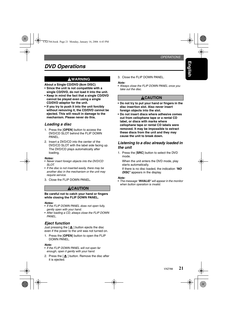 Dvd operations, English | Clarion VXZ766 User Manual | Page 21 / 51
