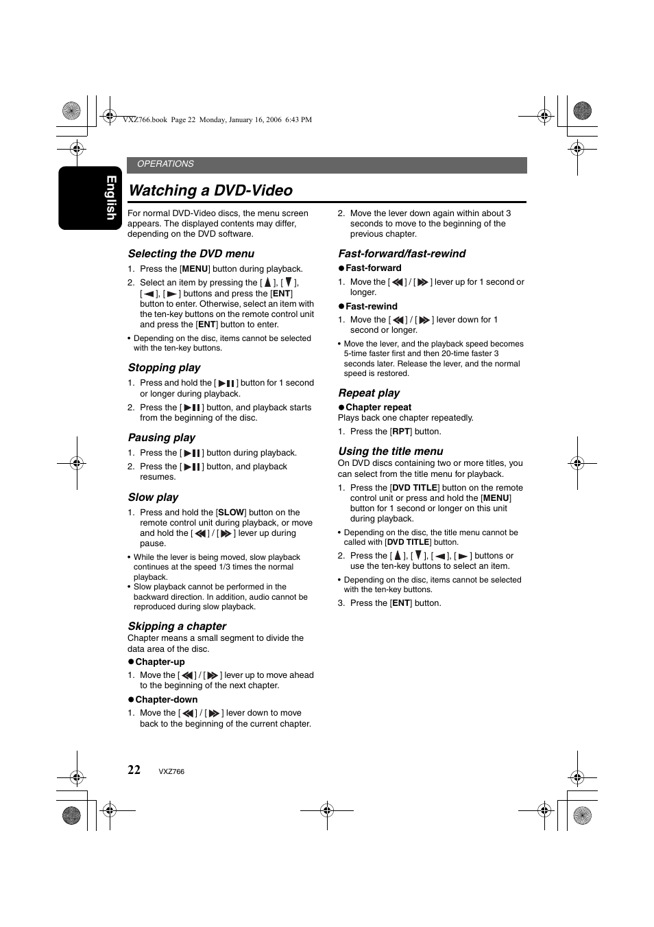 Watching a dvd-video, English | Clarion VXZ766 User Manual | Page 22 / 51