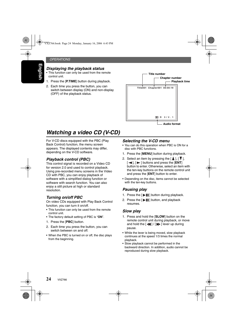 Watching a video cd (v-cd), English | Clarion VXZ766 User Manual | Page 24 / 51