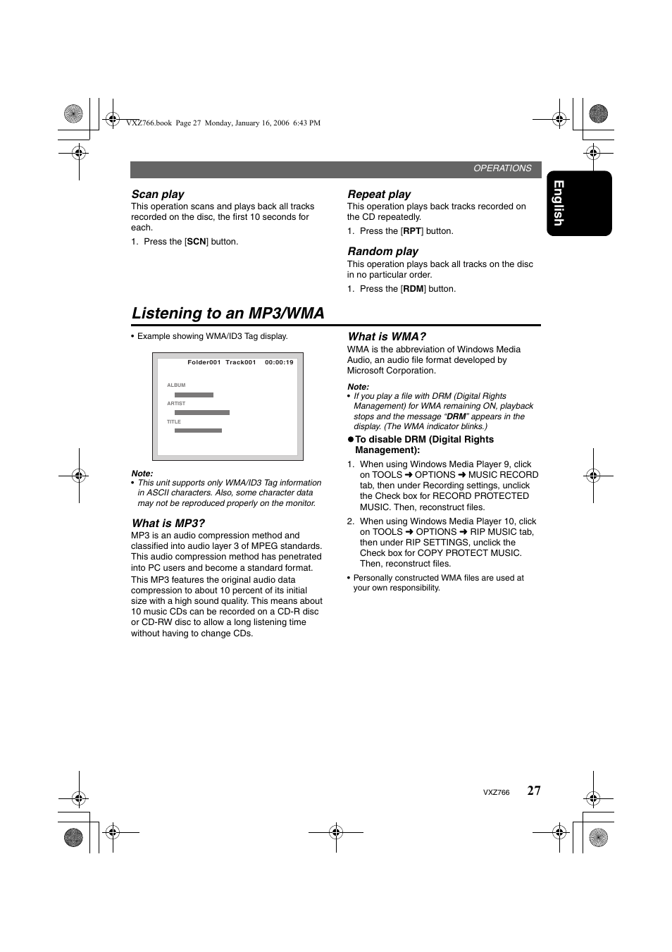 Listening to an mp3/wma, English | Clarion VXZ766 User Manual | Page 27 / 51