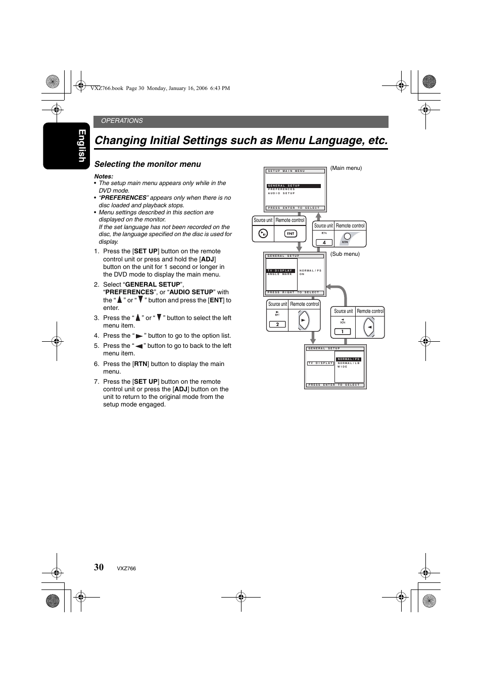 English, Selecting the monitor menu | Clarion VXZ766 User Manual | Page 30 / 51