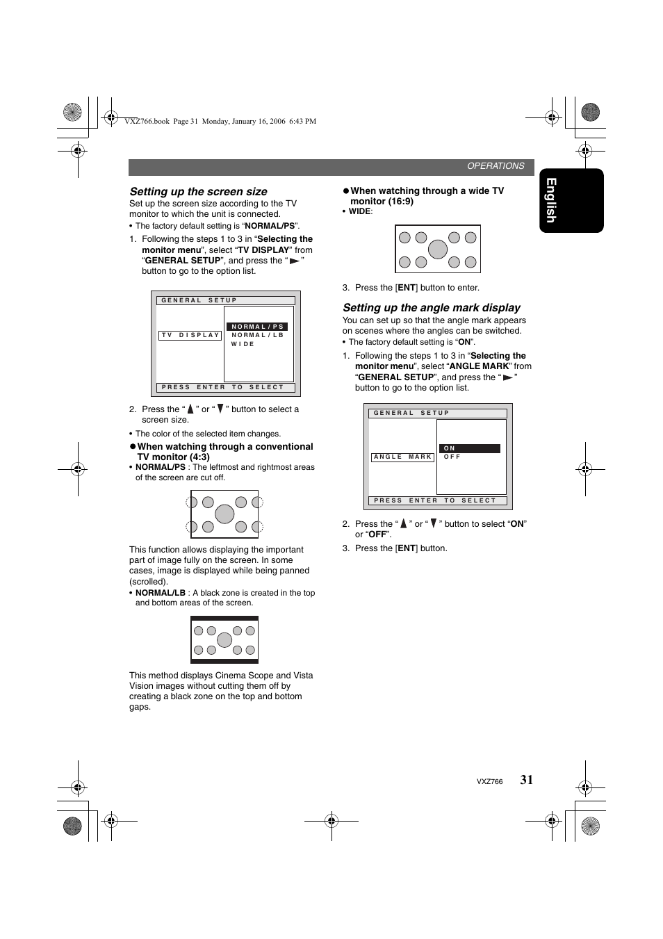English, Setting up the screen size, Setting up the angle mark display | Clarion VXZ766 User Manual | Page 31 / 51