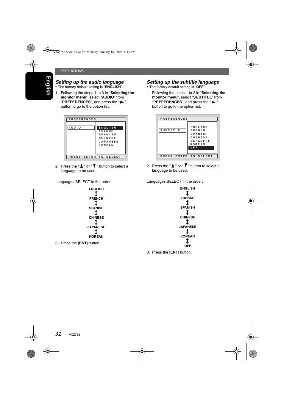 English, Setting up the audio language, Setting up the subtitle language | Clarion VXZ766 User Manual | Page 32 / 51