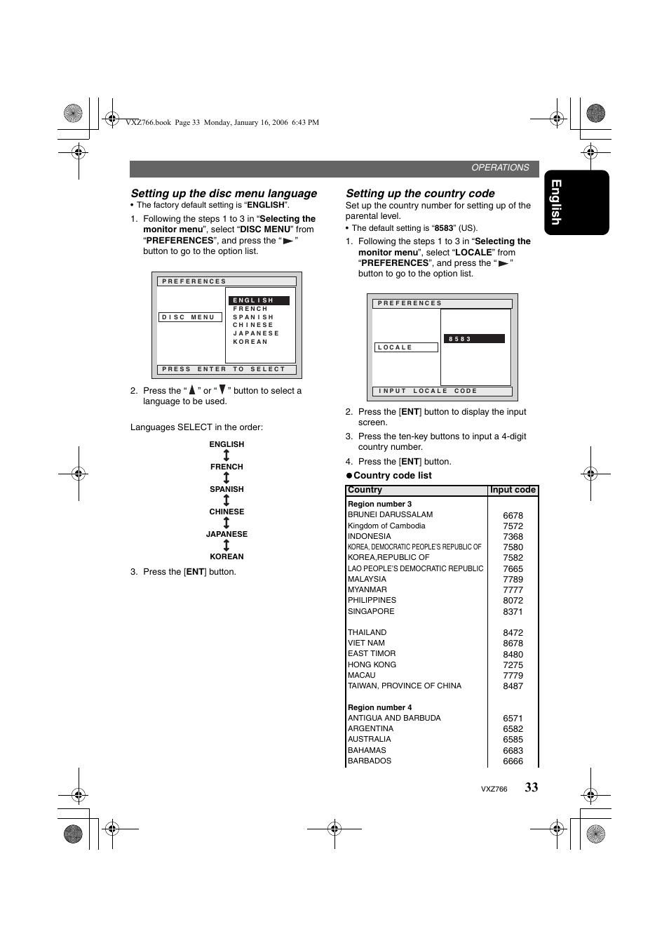 English, Setting up the disc menu language, Setting up the country code | Clarion VXZ766 User Manual | Page 33 / 51