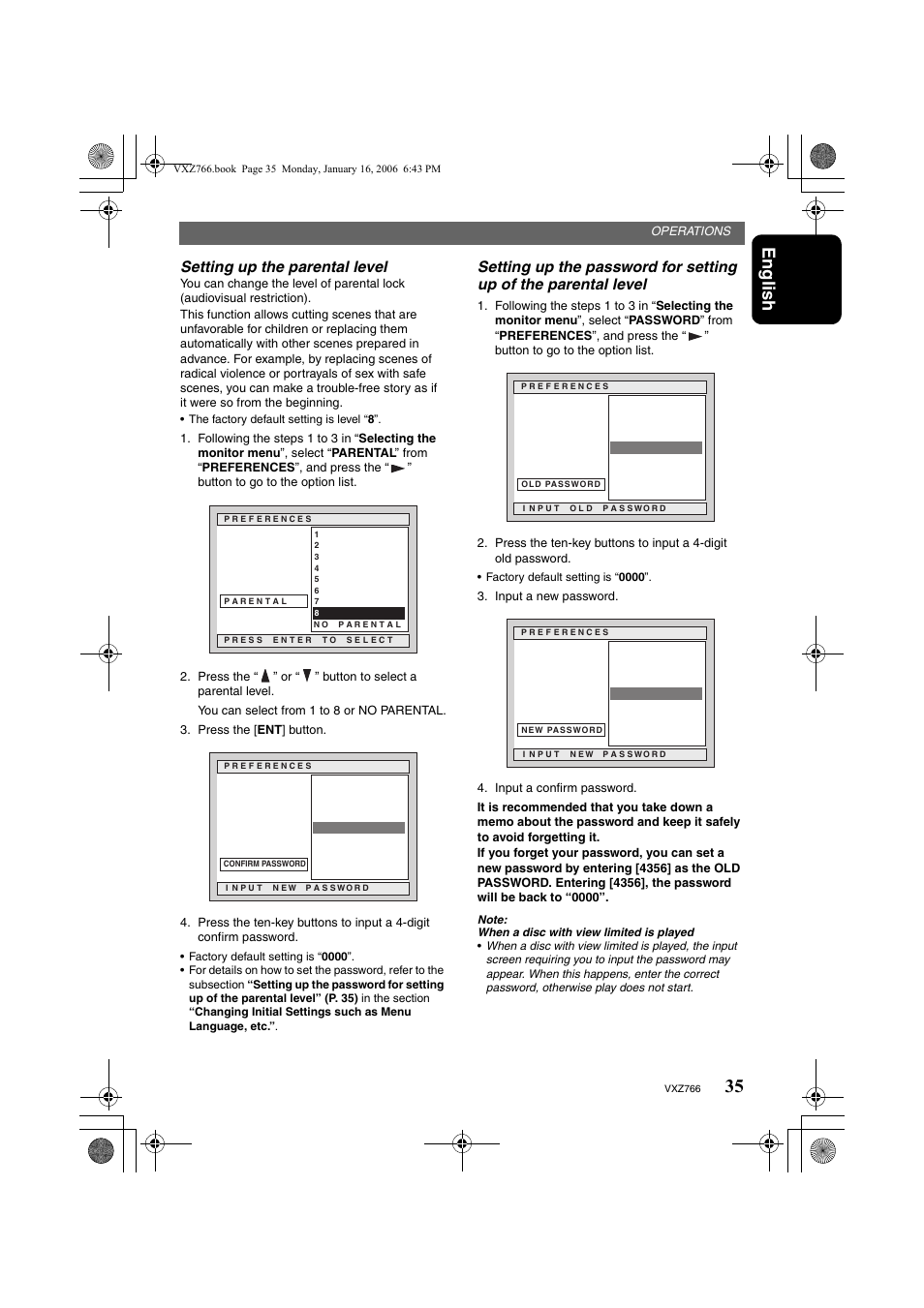 English, Setting up the parental level | Clarion VXZ766 User Manual | Page 35 / 51